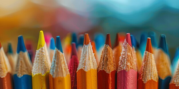 Une série artistique de crayons de bois colorés aiguisés de près