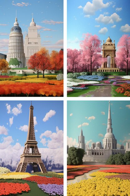Photo une série de cartes postales 3d mettant en vedette des monuments emblématiques du monde entier