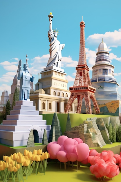 Photo une série de cartes postales 3d mettant en vedette des monuments emblématiques du monde entier