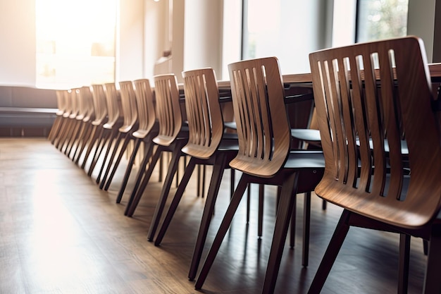 Une série de chaises en bois alignées à une table de conférence dans un bureau animé créé avec l'IA générative