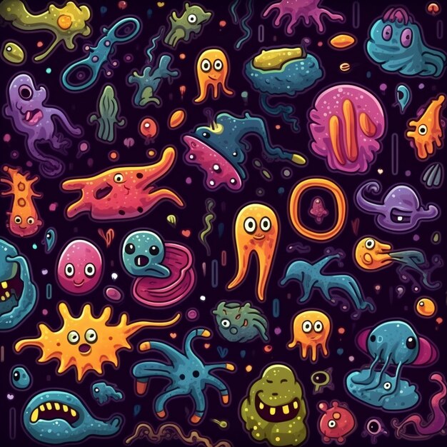 une série colorée de monstres avec des visages et des visages.