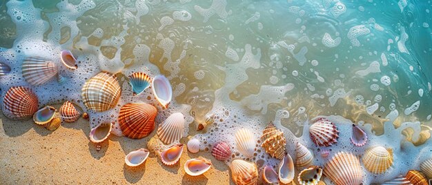 Une série de coquillages colorés éparpillés sur la rive d'une plage tropicale vierge