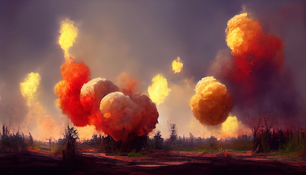 Photo une série d'explosions sur le champ de bataille guerre et destruction illustration 3d