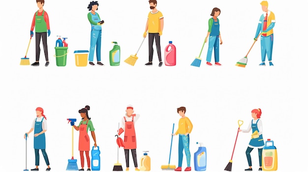 une série d'illustrations de gens nettoyant et nettoyant