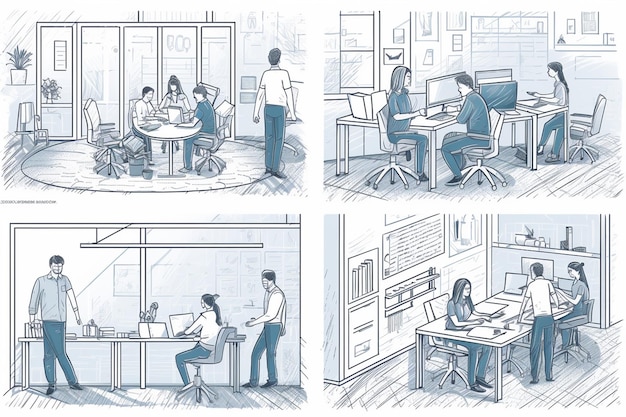 Une série d'illustrations montrant un homme travaillant à un bureau avec une IA générative