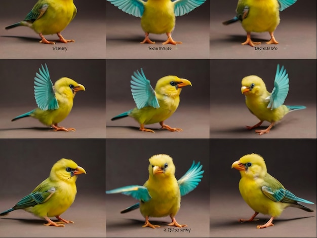 Photo une série d'images d'un oiseau jaune et bleu avec le mot 