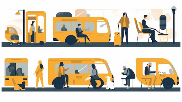 Une série d'images de personnes devant un bus avec le mot bus sur le côté.