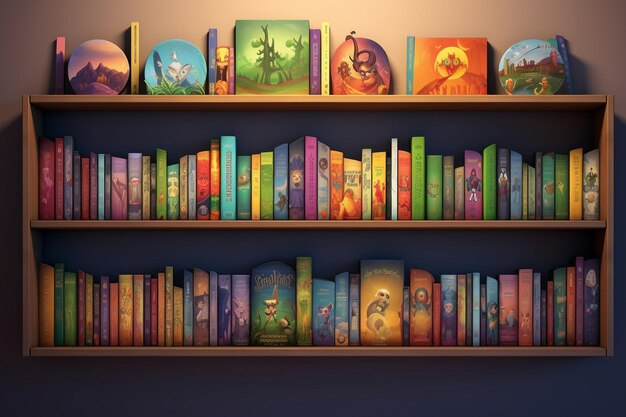 Une série de livres de contes colorés sur une étagère