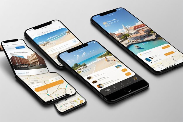 une série de maquettes pour une agence de voyage affichant des smartphones en orientation paysage et portrait avec des applications de réservation de voyages personnalisables