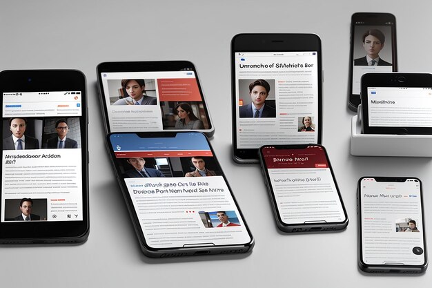 Photo une série de maquettes de smartphones pour un site web d'actualités présentant des appareils en orientation paysage et portrait avec des titres d'actualités en temps réel sur les écrans