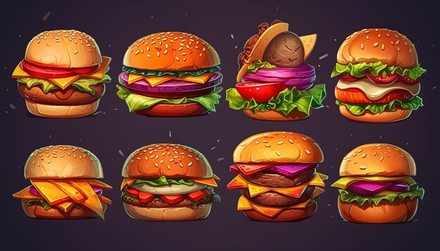 Photo une série de personnages de dessins animés de burgers, y compris des burgers et des burgers