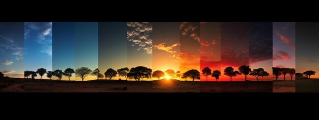 Photo série de photos d'un coucher de soleil avec des arbres