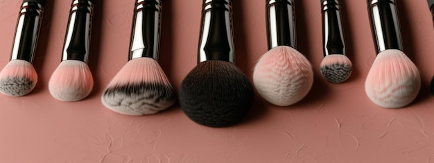 Une série de pinceaux de maquillage sur une surface rose