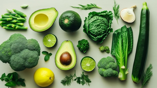 Série plate de légumes assortis aux tons verts produits crus biologiques frais