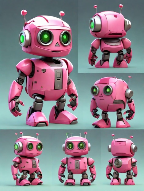 Une série de poses d'un robot amical et mignon qui est rose et Kelly vert et serait bon et h