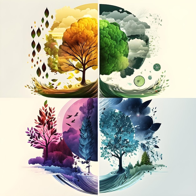 Une série de quatre arbres avec des couleurs différentes et la mention « l'arbre est en bas ».