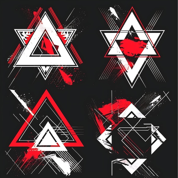 une série de quatre dessins géométriques sur un fond rouge et noir