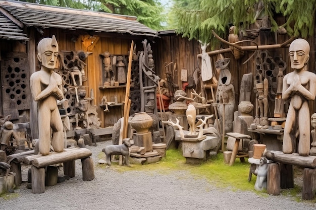 Une série de sculptures en bois à l'extérieur d'une cabane rustique
