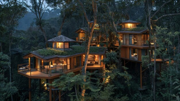 Une série de suites confortables et luxueuses dans les maisons d'arbre perchées haut dans les cimes des arbres offrant un environnement tranquille et
