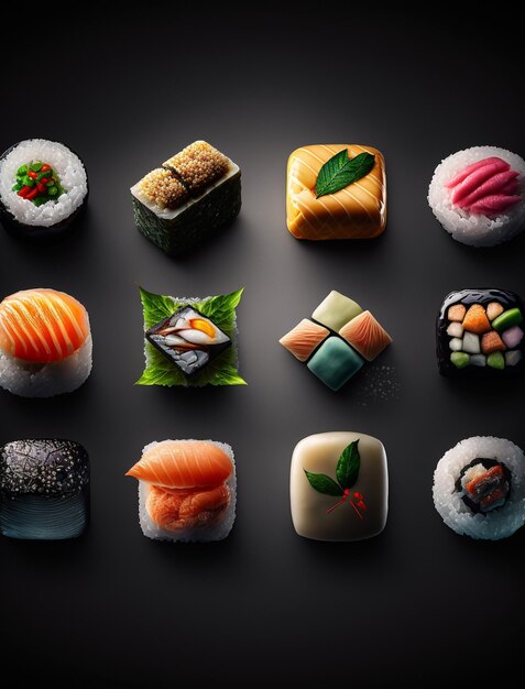 Une série de sushis aux différentes saveurs dont un qui dit « sushi ».