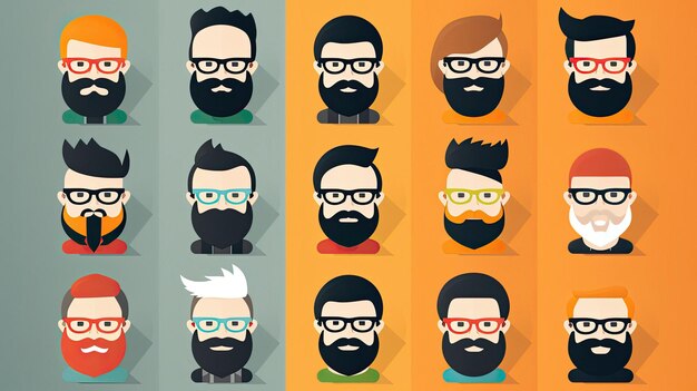 Photo une série de visages d'avatars avec des lunettes et une barbe.