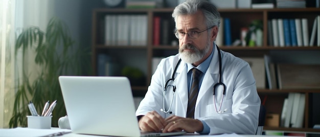 Photo sérieux vieux médecin mature médecin utilisant l'ordinateur portable dans le bureau de l'hôpital senior homme d'âge moyen gp