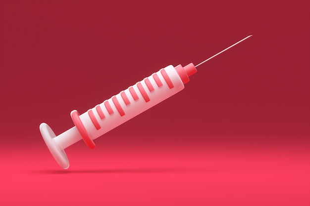 Seringue de dessin animé sur fond rouge. Vaccination contre le concept de coronavirus. illustration de rendu 3D.