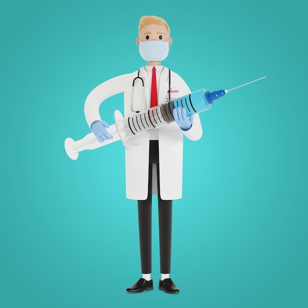Seringue entre les mains d'un médecin. Ambulance. Vaccin contre la grippe. Concept de médecine de soins de santé. Illustration 3D en style cartoon.