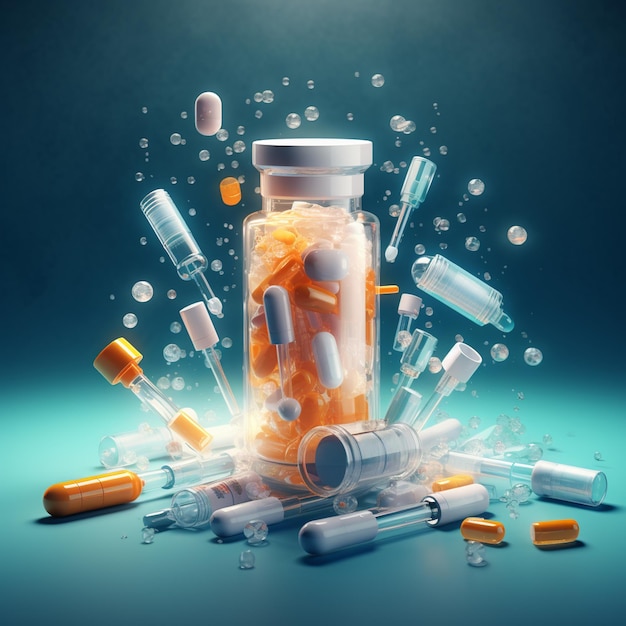 Seringue avec flacons en verre et pilules de médicaments