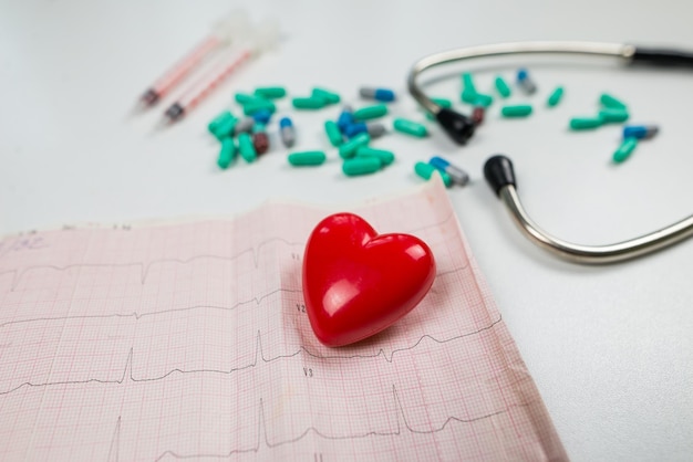 Seringue de stéthoscope cardiaque pour cardiogrammeTraitement complet du cœur avec des injections et des pilules en capsule diagnostic de crise cardiaque ou d'arythmie