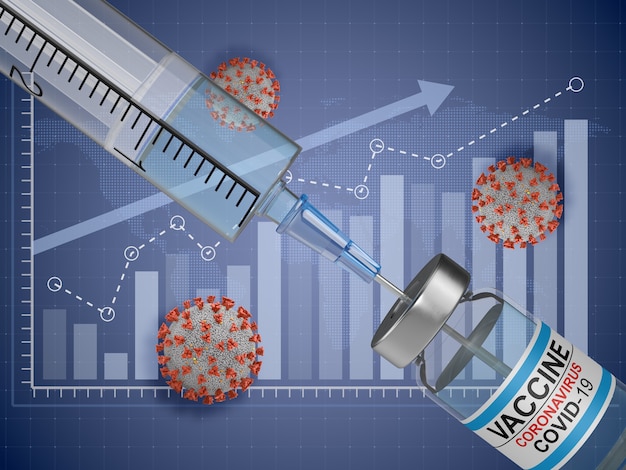 Seringue, vaccin et coronavirus sur le fond du graphique. rendu 3D.