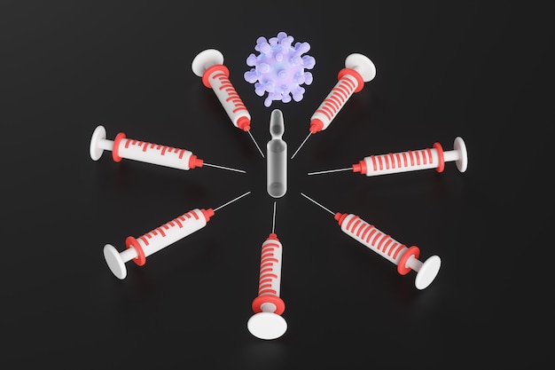 Seringues de dessin animé autour d'une ampoule en verre de vaccin contre le coronavirus. Concept de vaccination contre le coronavirus. illustration de rendu 3D.