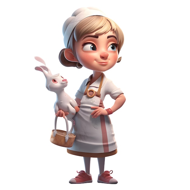 Serious 3D Butcher Cute Girl with Bone in Ribeye Idéal pour Steakhouse ou Butcher Cute Girl Shop Signalisation Isolé sur fond blanc