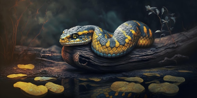 Un serpent au corps bleu et jaune est assis sur une bûche avec les mots "serpent" en bas.