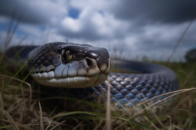 Photo un serpent au visage bleu est assis dans l'herbe.