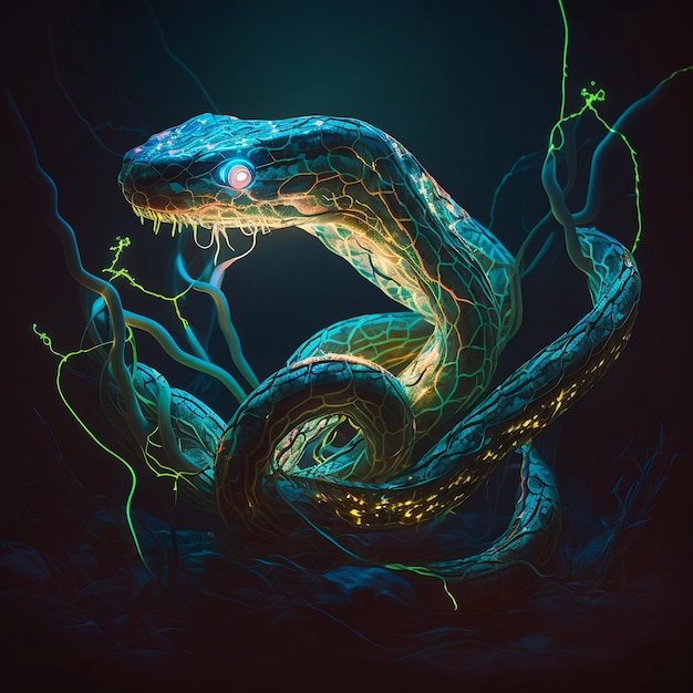 Un serpent aux yeux brillants est sur un fond sombre