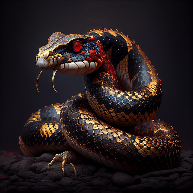 Serpent aux yeux rouges sur fond sombre