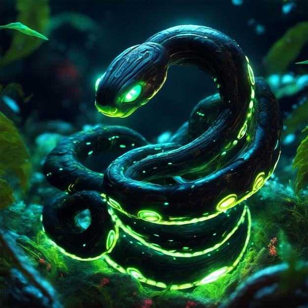 Serpent Bioluminescent Art Apocalyptique Mignon Petit Kawaii Entourant Vegetatio