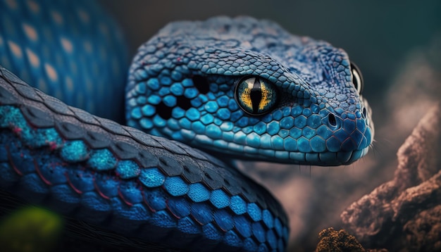 Un serpent bleu avec un œil noir et une tache jaune sur l'œil