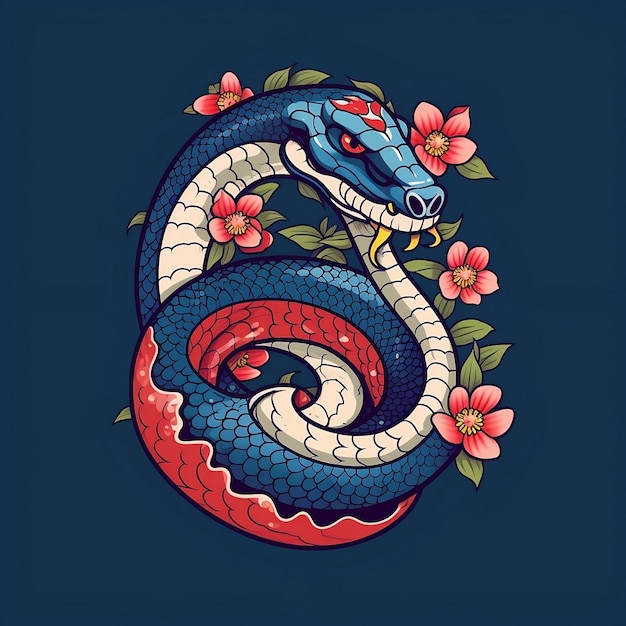 Un serpent bleu avec un serpent rouge et bleu dessus