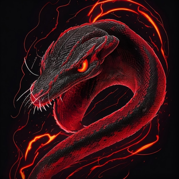 un serpent en colère noir et rouge avec un fond noir