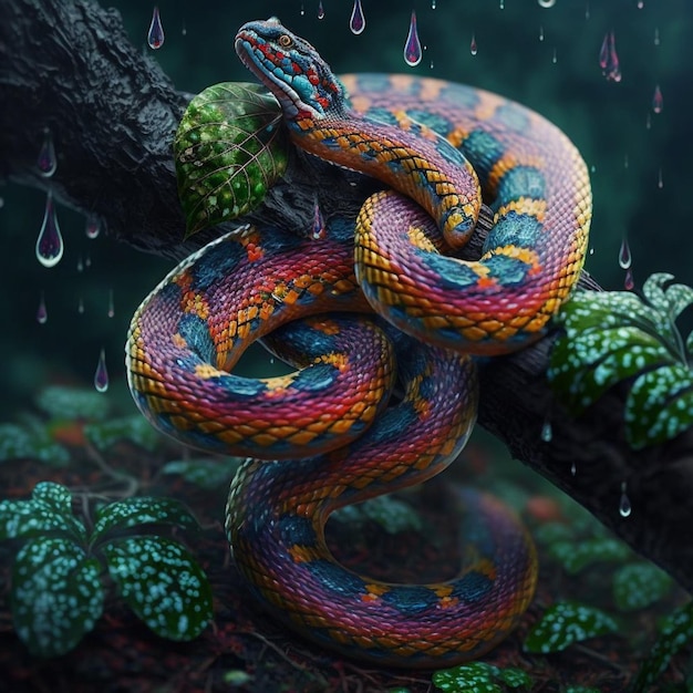 Un serpent coloré avec une queue verte et bleue est assis sur une branche d'arbre sous la pluie.