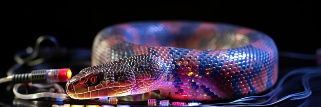 Serpent cybernétique fait de fils et de microcircuits rampant sur une carte numérique ou une surface de verre