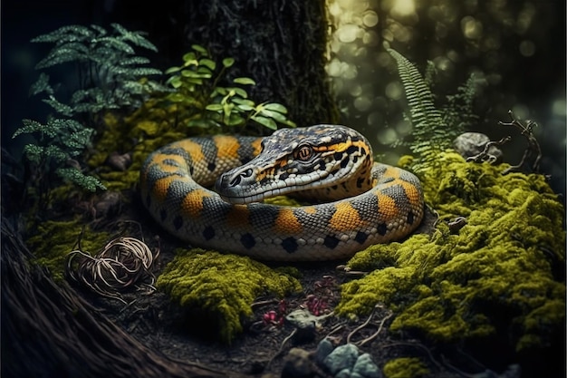 Un serpent dans la forêt avec une tête verte et jaune.