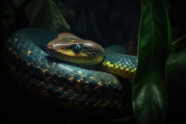 Serpent exotique rampant dans la forêt tropicale Écailles irisées et yeux fascinants IA générative