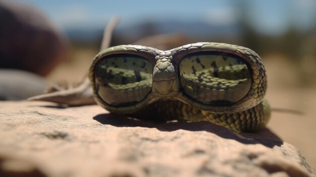 Photo un serpent avec un gros œil est assis sur un rocher dans le désert.