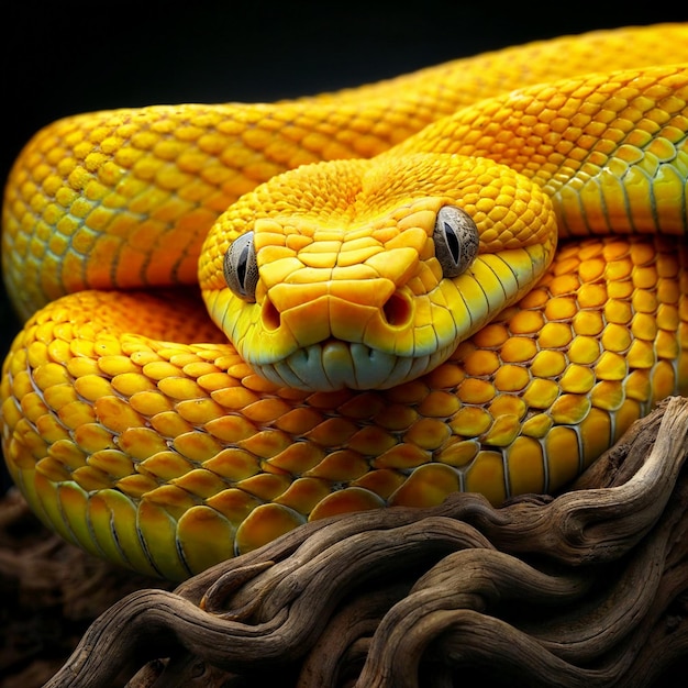 Photo un serpent jaune et vert avec un visage vert et des yeux bleus