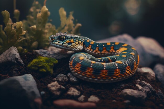 Un serpent avec des marques bleues et jaunes est assis sur un rocher.