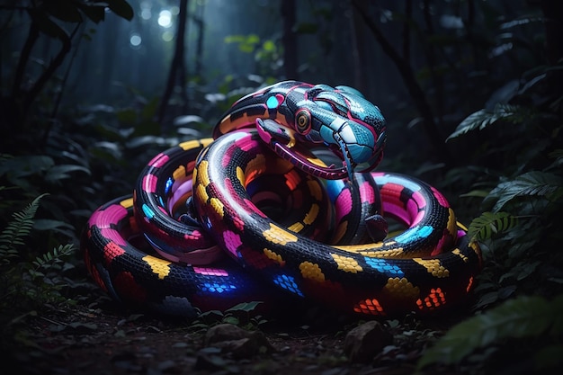 Serpent mécanique multicolore dressant la tête dans une forêt extraterrestre la nuit