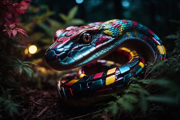 Serpent mécanique multicolore dressant la tête dans une forêt extraterrestre la nuit